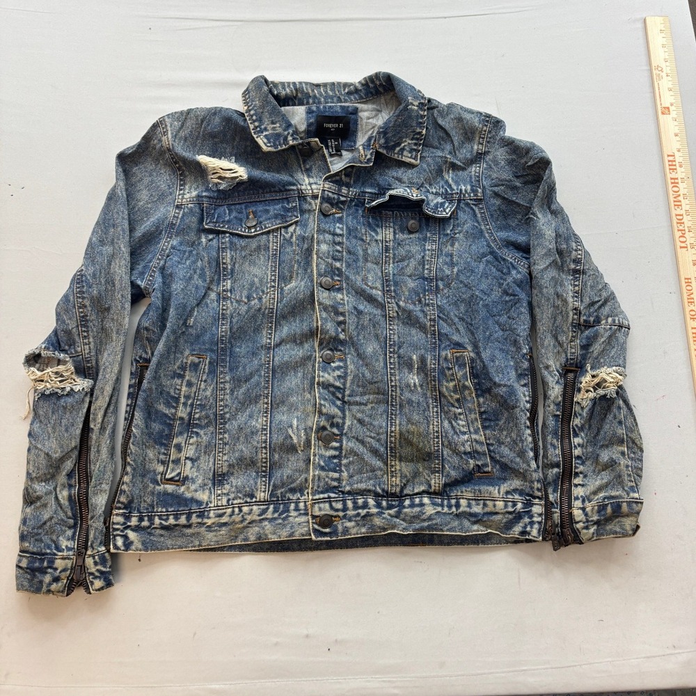 Forever 21 Men XL Acid Wash Distressed Denim Jacket Zipper Detail Blue Trucker